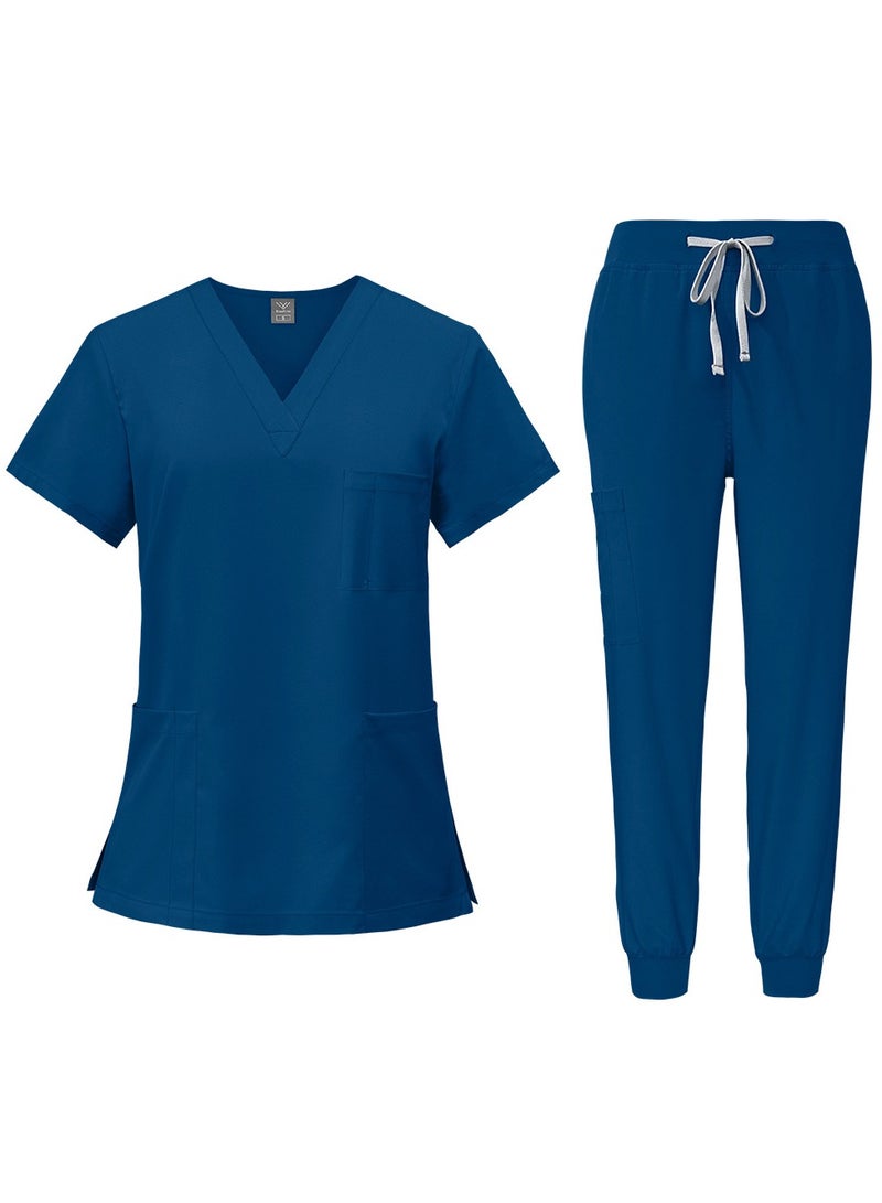 NIBEMINENT Medical Uniform Unisex Scrubs Set Medical Scrubs 2 Piece Set Top and Pants Suit Azure Blue