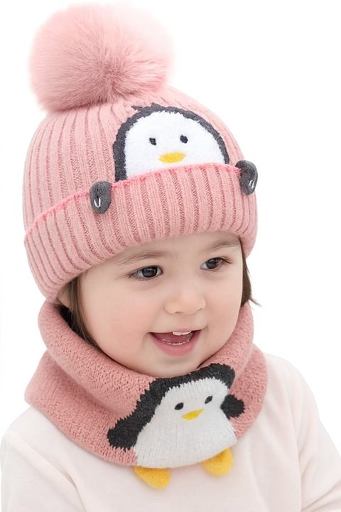 2 Piece Cartoon Penguin Knitted Winter Hat and Scarf Set for Babies and Toddlers Ages 0 to 4 Years  Warm Knit Beanie and Neck Warmer for Boys and Girls