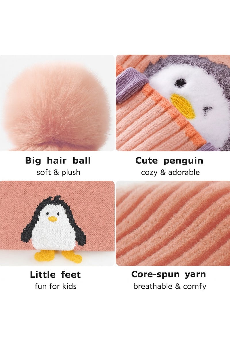 ساراونت طقم قبعة ووشاح شتوي محبوك من قطعتين بطبعة طائر البطريق الكرتوني للأطفال الصغار من سن 0 إلى 4 سنوات - قبعة دافئة محبوكة وغطاء للرقبة للأولاد والبنات - Image 4