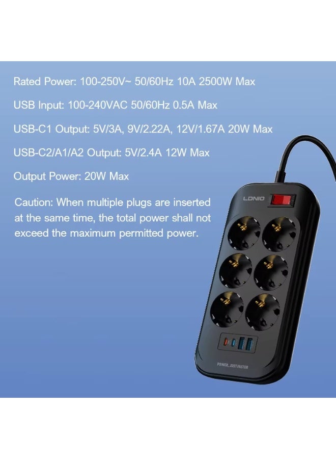 لدنيو شريط طاقة LDNIO SE6403C مع 6 مآخذ أوروبية و 4 منافذ USB وحماية من زيادة التيار - أسود - Image 3