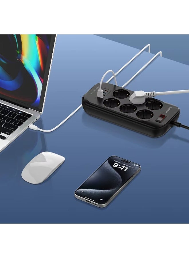 لدنيو شريط طاقة LDNIO SE6403C مع 6 مآخذ أوروبية و 4 منافذ USB وحماية من زيادة التيار - أسود - Image 4