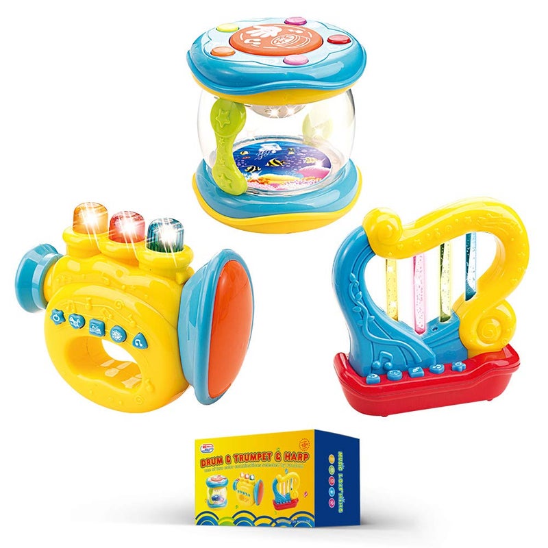WEofferwhatYOUwant Baby Musical Instrument Set â€“ 3 Piece Trumpet Drum Harp Bundle with Lights Songs Lullabies Interactive Play Modes Batteries Included BPA-Free Travel Ready Musical Gift for Toddlers - Image 1