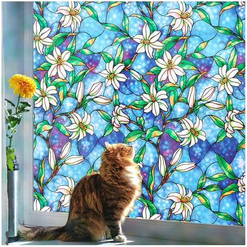 Coavas Coavas Decorative Window Privacy Film Heat Control Sun Blocking Stained Glass Window Film Floral Design Static Cling Non Adhesive Windows Tint for Bathroom Front DoorVinyl 472 x 1574 