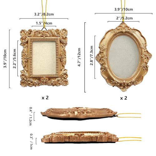 NSdawali 4 Pcs Mini Vintage Picture Frames Wall Hanging Gold Tiny Picture Frames Antique Small Oval Rectangle Photo Frame Ornaments for Display Picture Home Wedding Gallery Art Christmas Tree Decor - Image 2