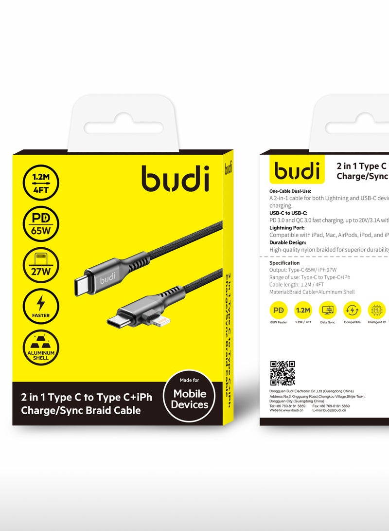 budi 2 in 1 Type C To Type C+iPh Charge/Sync Braid Cable - Image 4