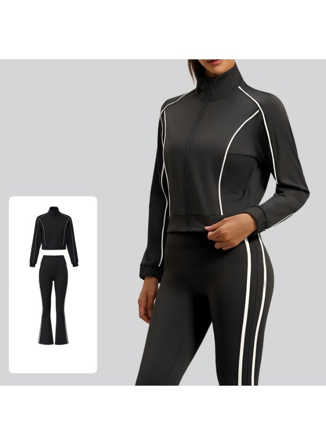 Women's 2-Piece Contrast Piping Tracksuit Set: Full-Zip Crop Stand-Collar Jacket with High-Waist Flare Leggings Yoga Gym Activewear Suit - Image 1