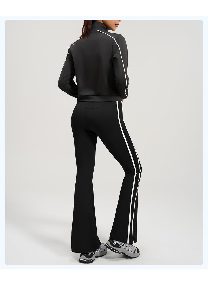 Women's 2-Piece Contrast Piping Tracksuit Set: Full-Zip Crop Stand-Collar Jacket with High-Waist Flare Leggings Yoga Gym Activewear Suit - Image 3