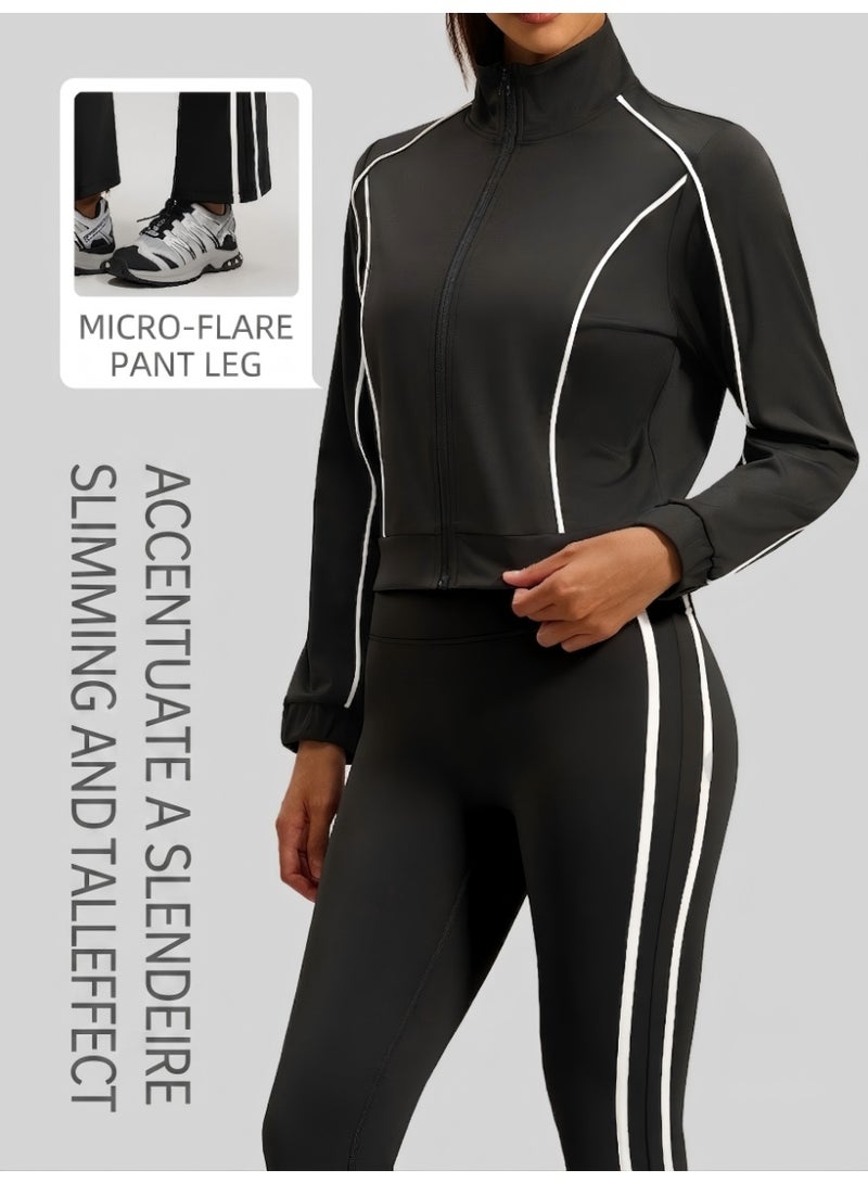 Women's 2-Piece Contrast Piping Tracksuit Set: Full-Zip Crop Stand-Collar Jacket with High-Waist Flare Leggings Yoga Gym Activewear Suit - Image 2