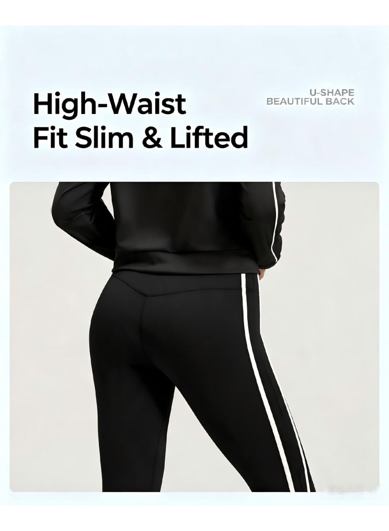 Women's 2-Piece Contrast Piping Tracksuit Set: Full-Zip Crop Stand-Collar Jacket with High-Waist Flare Leggings Yoga Gym Activewear Suit - Image 5