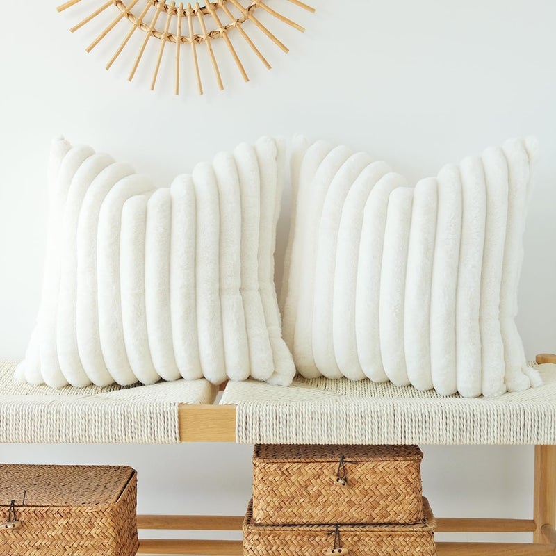 JOJUSIS Pack of 2 Faux Fur Plush Decorative Throw Pillow Covers Couch Cushion Case Soft Pillowcases (White, 18 x 18-Inch) - Image 1