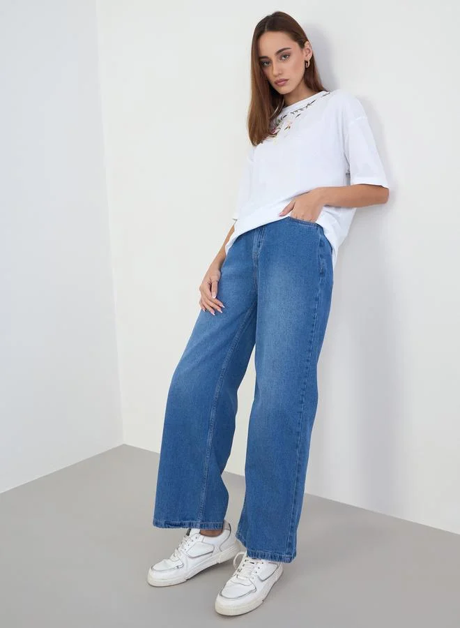 Styli White Embroidered Floral Oversized T-Shirt