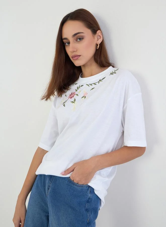 Styli White Embroidered Floral Oversized T-Shirt