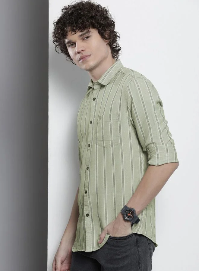 The Indian Garage Co Men Regular Fit Striped Full Sleeves Cutaway Collar Casual Shirt