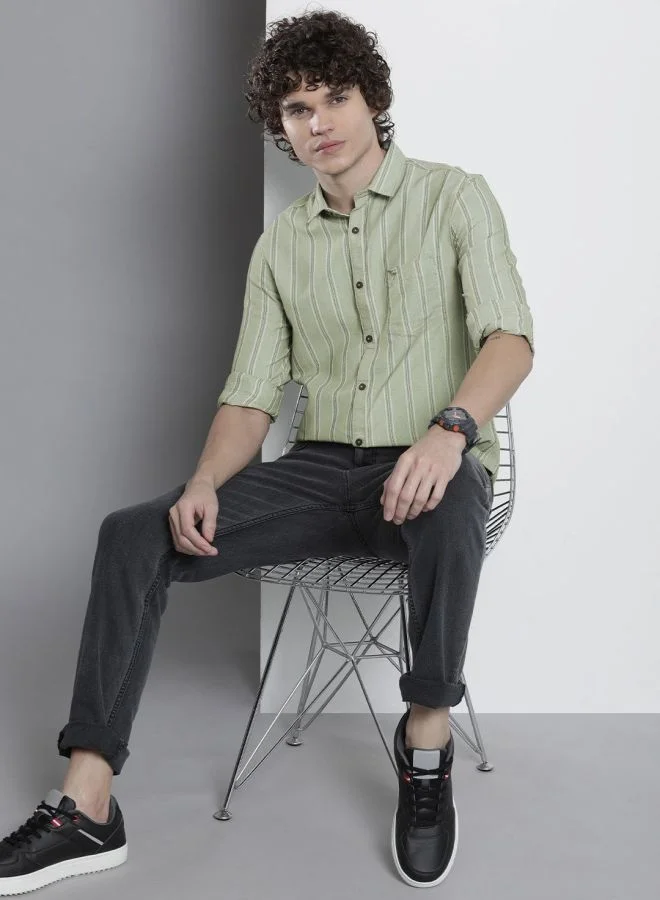 The Indian Garage Co Men Regular Fit Striped Full Sleeves Cutaway Collar Casual Shirt