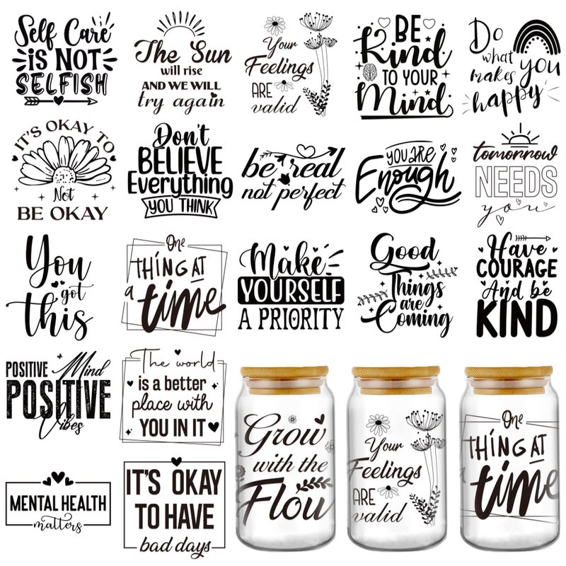 UV DTF Cup Wrap Sticker 20 Sheets Black Mental Health UV DTF Cup Stickers 16 oz Glass Water Bottle Stress Relief Boho Motivational Dtf Transfers Stickers for DIY Mug Crafts Therapist Gifts