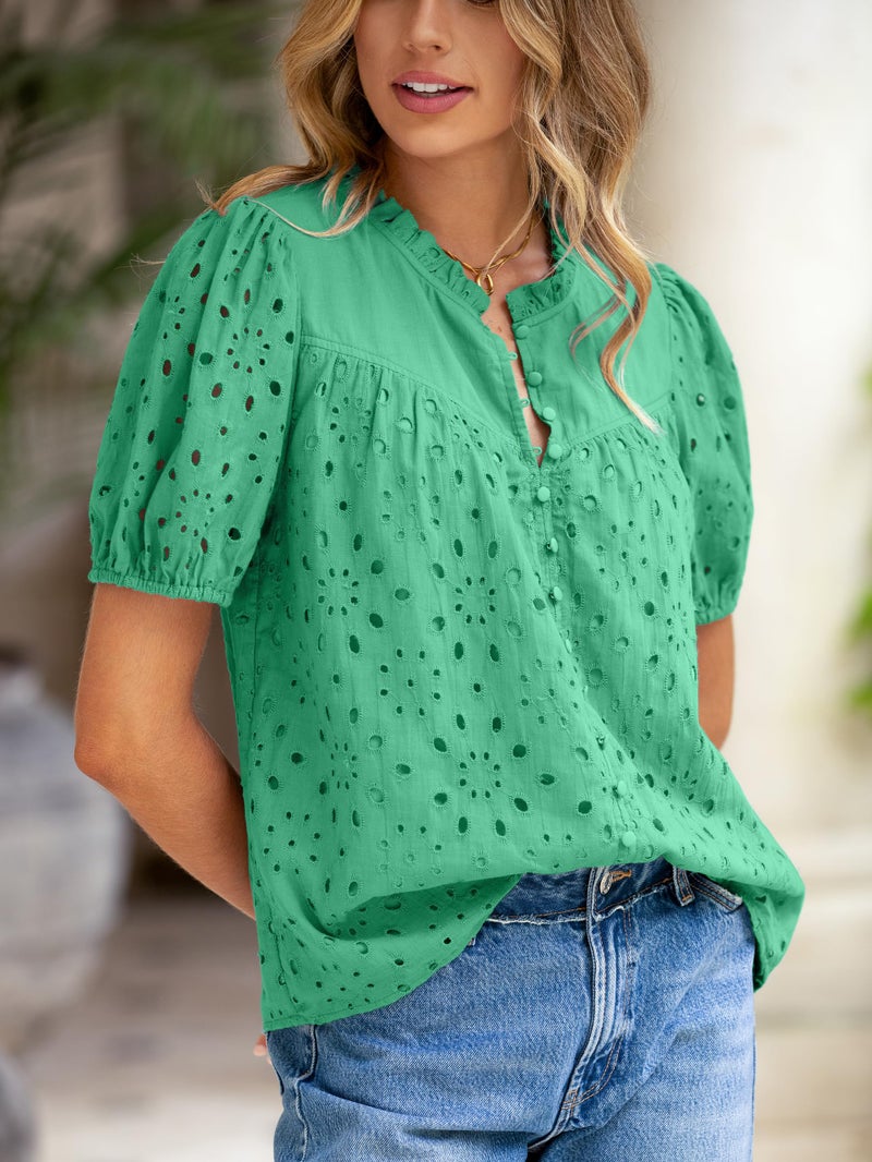 Glamaker Womens Summer Tops Blouse 2026 Eyelet Loose Cotton Trendy Dressy Blouse Work Business V Neck Button Down Top (Green L) - Image 5