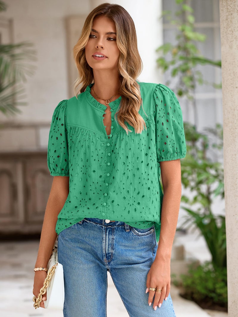 Glamaker Womens Summer Tops Blouse 2026 Eyelet Loose Cotton Trendy Dressy Blouse Work Business V Neck Button Down Top (Green L) - Image 3
