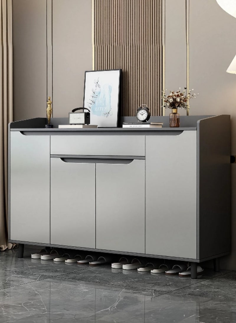 اليسا خزانة أحذية عصرية باللونين الرمادي الفاتح والرمادي الفاتح مع درج - مصنوعة من خشب MDF ومعدن، بأربعة أبواب لتخزين أكثر من 28 زوجًا، بتصميم سطح عمل مرتفع، 120×100×30 سم - منظم أنيق للمدخل للعائلات وعشاق الموضة - Image 1