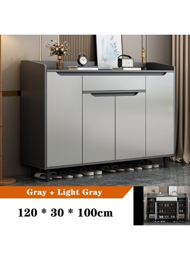 اليسا خزانة أحذية عصرية باللونين الرمادي الفاتح والرمادي الفاتح مع درج - مصنوعة من خشب MDF ومعدن، بأربعة أبواب لتخزين أكثر من 28 زوجًا، بتصميم سطح عمل مرتفع، 120×100×30 سم - منظم أنيق للمدخل للعائلات وعشاق الموضة - Image 5