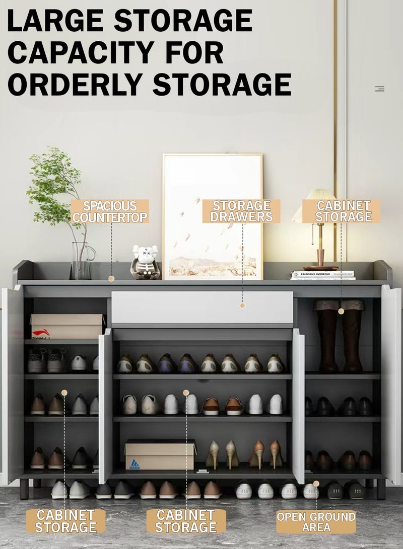 اليسا خزانة أحذية عصرية باللونين الرمادي الفاتح والرمادي الفاتح مع درج - مصنوعة من خشب MDF ومعدن، بأربعة أبواب لتخزين أكثر من 28 زوجًا، بتصميم سطح عمل مرتفع، 120×100×30 سم - منظم أنيق للمدخل للعائلات وعشاق الموضة - Image 2