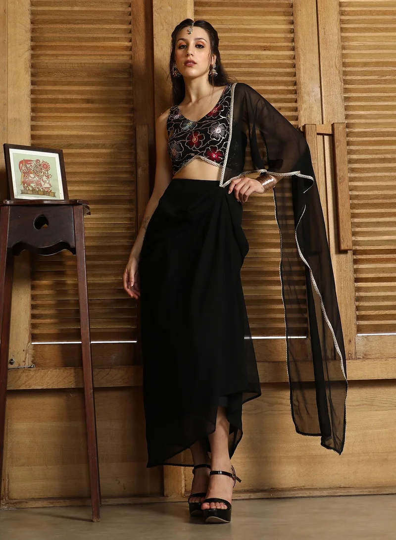 QISSA Qissa Women's Onyx Black Periwinkle Pre-Draped Saree For Casual Wear | V-Neck | Sleeveless | 2 Piece Pre-Draped Saree Designed With Comfort Fit For Everyday Ethnic Wear