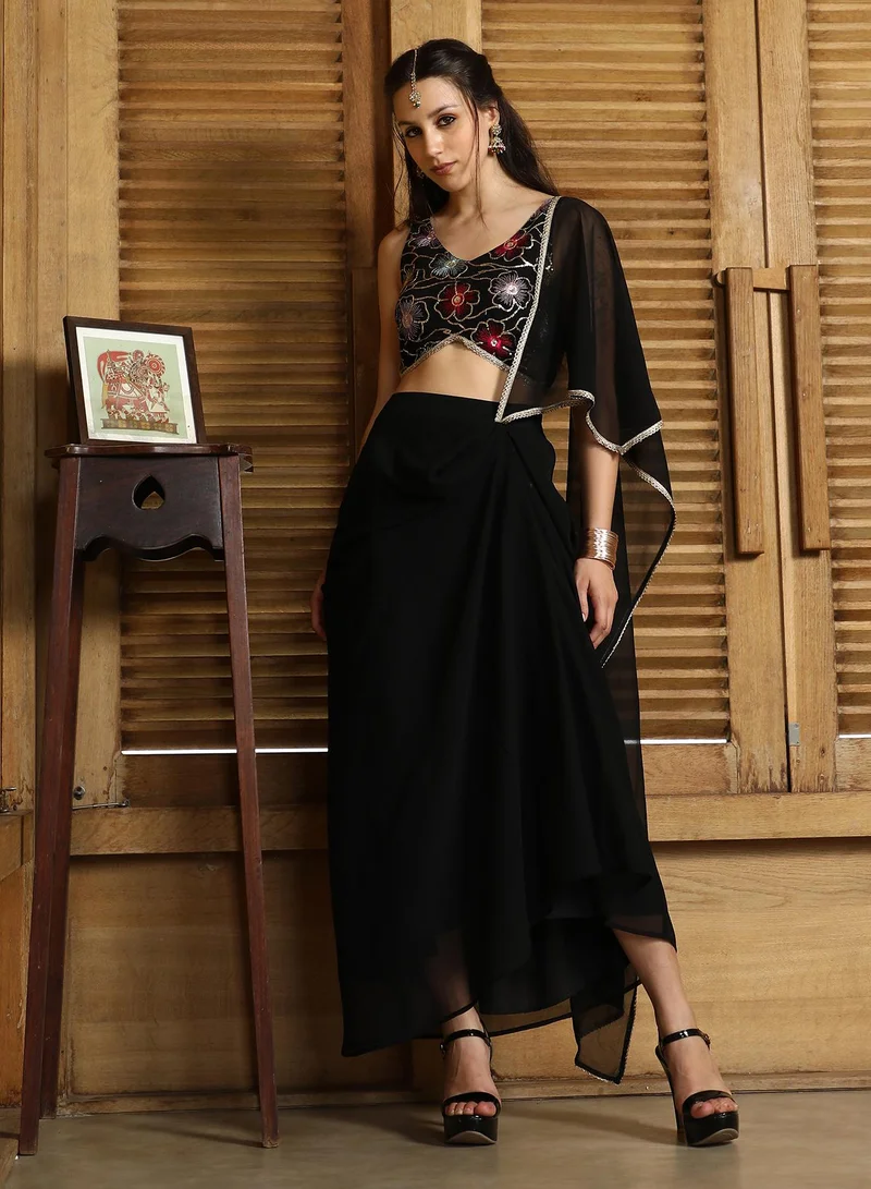 QISSA Qissa Women's Onyx Black Periwinkle Pre-Draped Saree For Casual Wear | V-Neck | Sleeveless | 2 Piece Pre-Draped Saree Designed With Comfort Fit For Everyday Ethnic Wear