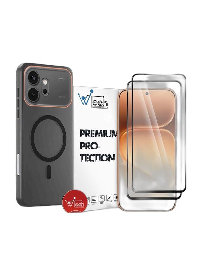 Wtech غطاء أنيق لهاتف Honor 600 5G / 600 Pro 5G 2026 هجين شفاف مع شحن مغناطيسي وحواف كاميرا مرتفعة (MCMPMN) - أسود و [2 عبوة] واقي شاشة زجاجي مقسى كامل الغراء من سلسلة Premium E2E لهاتف Honor 600 5G 2026 (MSGECN) - شفاف/أسود - Image 1