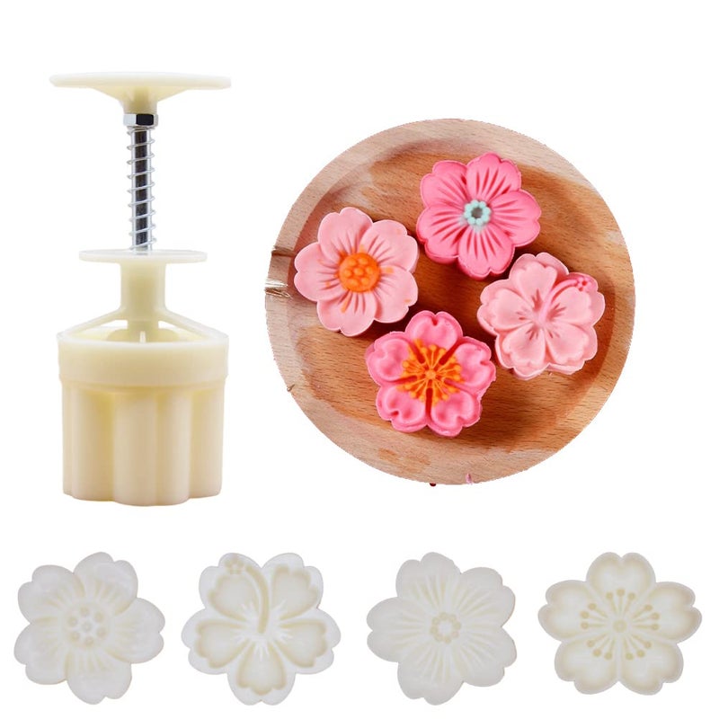 Ylskmu Ylskmu Moon Cake Mold Set 4pcs 75g Cookie Stamps Cherry Blossom Floral Mid Autumn Festival DIY Hand Press Cookie Dessert Cutter Pastry Decoration Flower Impressions Tool Mooncake Maker 75g 