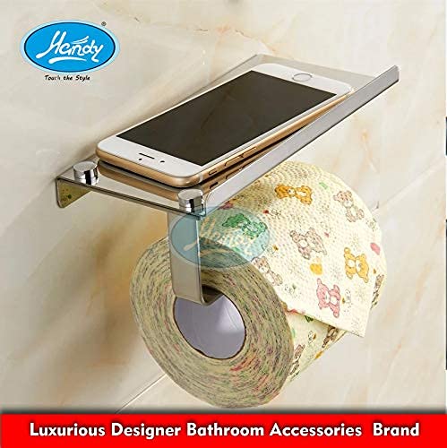 HANDY Wall Mounted Stainless Steel Toilet Paper Roll Holder with Shelf, Toilet Paper Dispenser, Tissue Dispenser with Phone Shelf Perfect for Baby Wipe| Bathroom Accessory (Silver) - Image 3