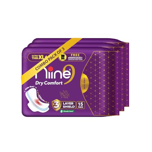 Niine Dry Comfort Ultra Thin XL+ Sanitary Pads for Women | 45 Pads, Pack of 3| 320mm Long|Suitable for Heavy Flow|Faster Absorption |Prevents Wetness & Leakage |With Free Biodegradable Disposable Bags - Image 1