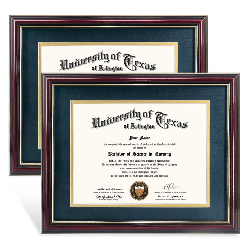 GraduationMall GraduationMall 85x11 Diploma Frame with Navy over Gold Mat or Display 11x14 Certificate without MatSolid Wood  UV Protection AcrylicGlossy Cherry Finish with Gold Trim2 Pack 