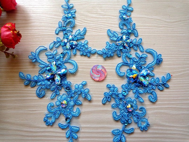 Zbroh Handmade Sequins Rhinestones Patches Sew on Light Blue Colour Lace Applique Delicate Embroidered 23X10cm for Dress