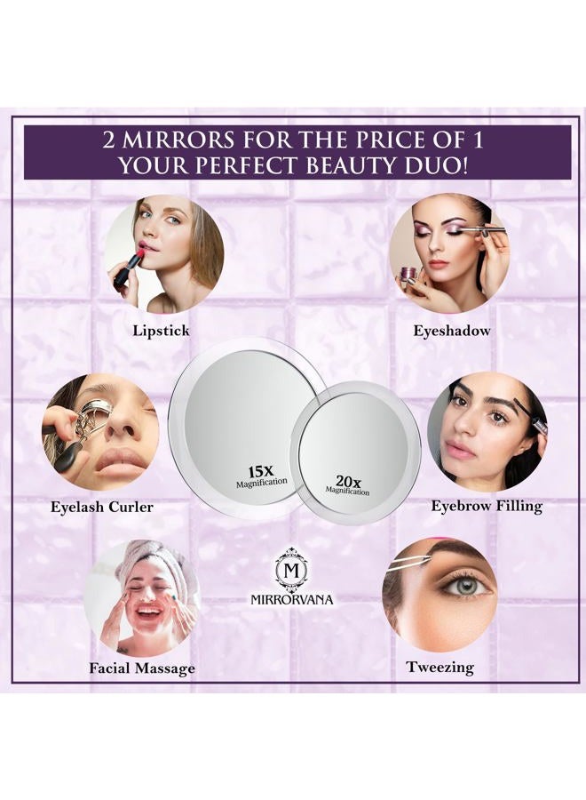 Mirrorvana 20 x 15 Times Magnifying Mirror with Suction Cup for Bathroom - Small Round Magnifying Mirror for Makeup - 10cm & 15cm - Image 2