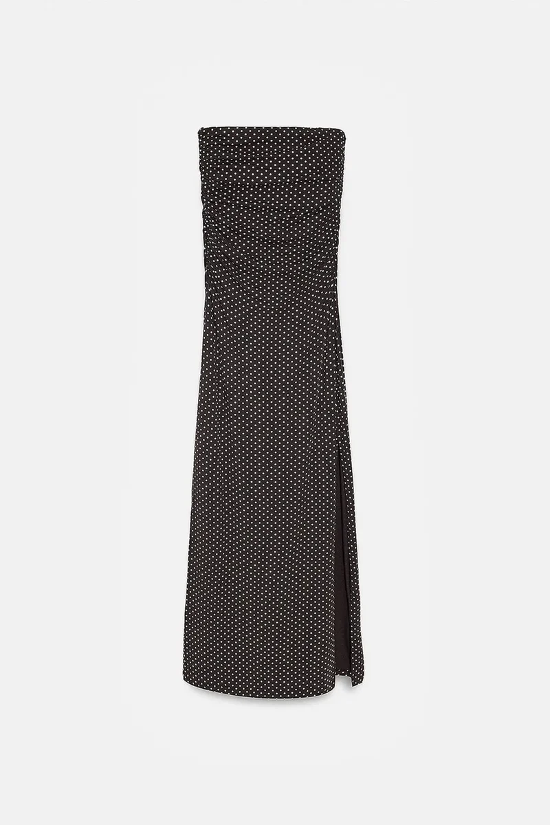 DILVIN Strapless Polka Dot Bodycon Midi Dress