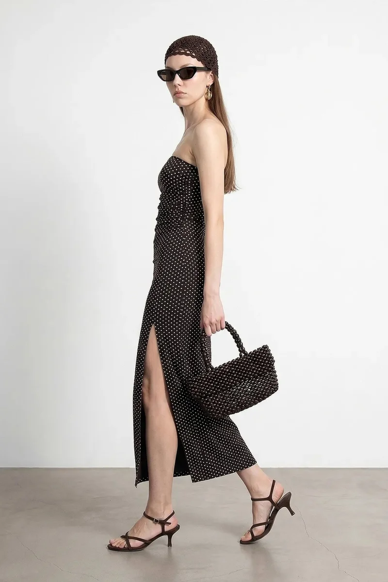 Dilvin Black DILVIN Strapless Polka Dot Bodycon Midi Dress for Women | Best Price UAE