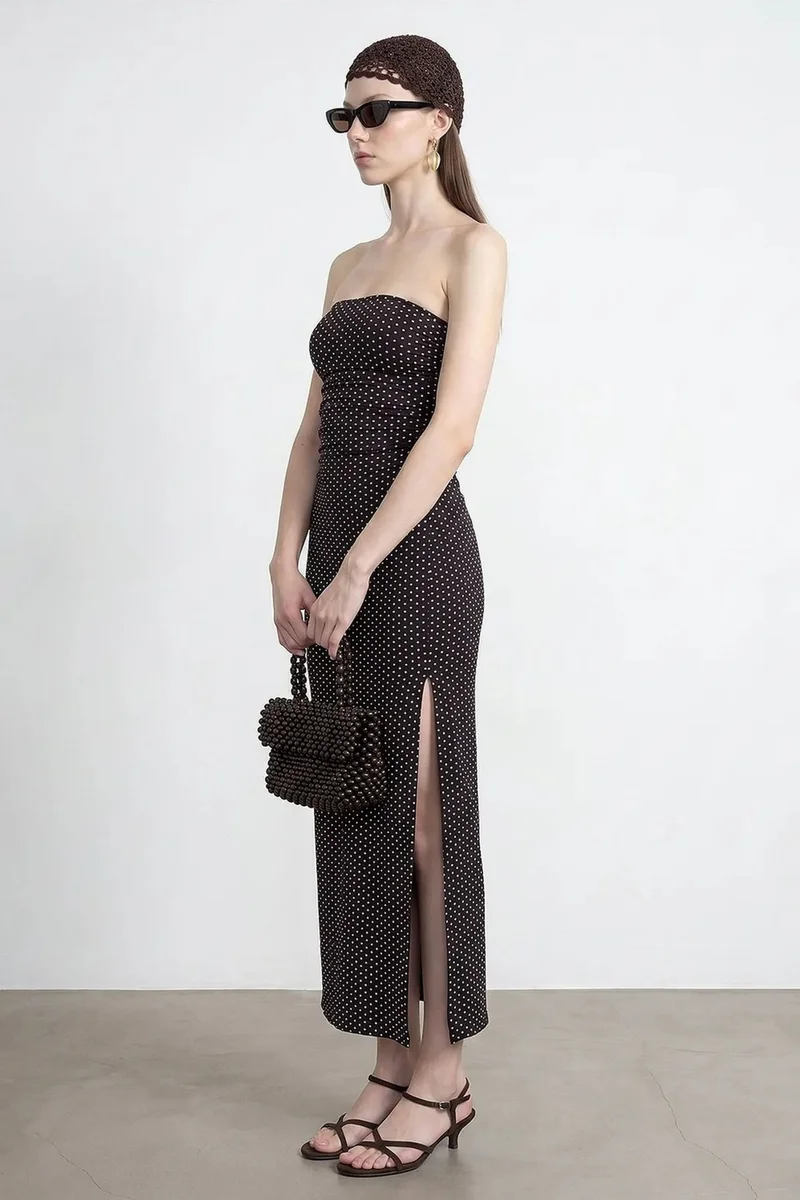 Dilvin Black DILVIN Strapless Polka Dot Bodycon Midi Dress for Women | Best Price UAE