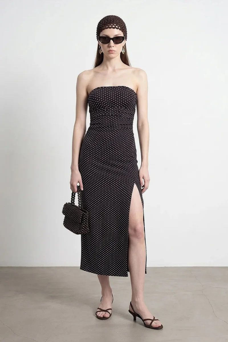 Dilvin Black DILVIN Strapless Polka Dot Bodycon Midi Dress for Women | Best Price UAE