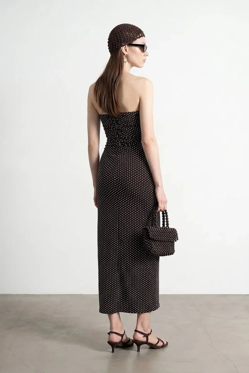 Dilvin Black DILVIN Strapless Polka Dot Bodycon Midi Dress for Women | Best Price UAE