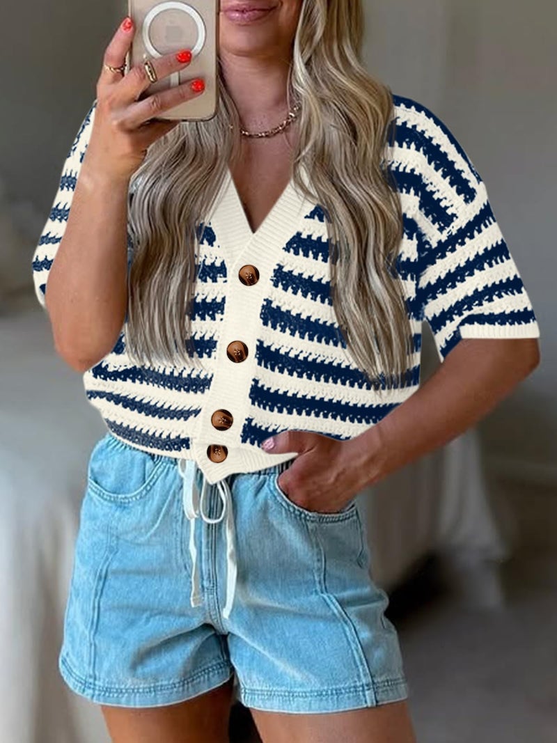 Saodimallsu Womens Short Sleeve Striped Cardigan Sweaters Crochet Knit Button Down Shirts V Neck Spring Summer Tops Dark Blue - Image 2