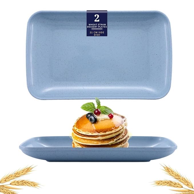 RoarCraft Small Rectangular Dinner Plates, 8.3" x 4.9" Unbreakable Wheat Straw Plates, Reusable Durable Lightweight Salad Plate for Fruits, Snack, Pasta, Cake, Dessert, Dishes (Blue, Pack of 2) - Image 1