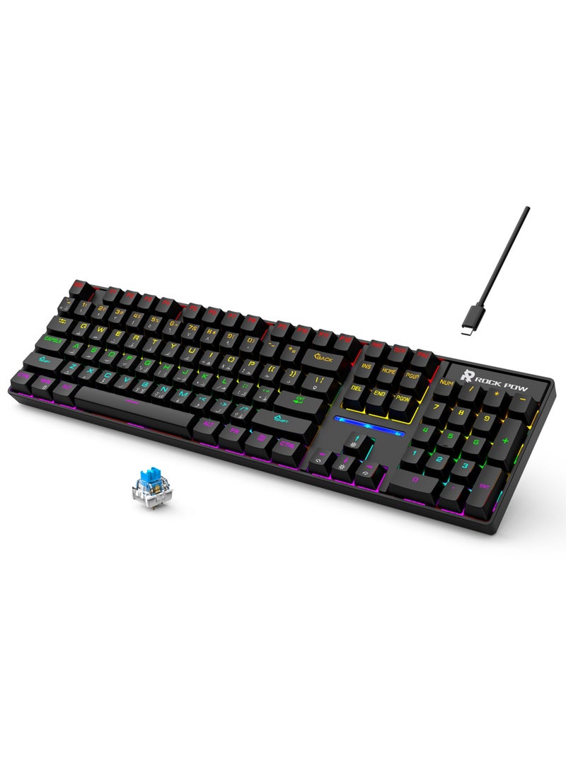 Rock Pow - Gaming Keyboard Arabic English 104 Keys Mechanical Keyboard with RGB Backlit 19 Modes Wired Keyboard PBT Keycaps for PC Gaming and Working (Blue Switch) - Image 1