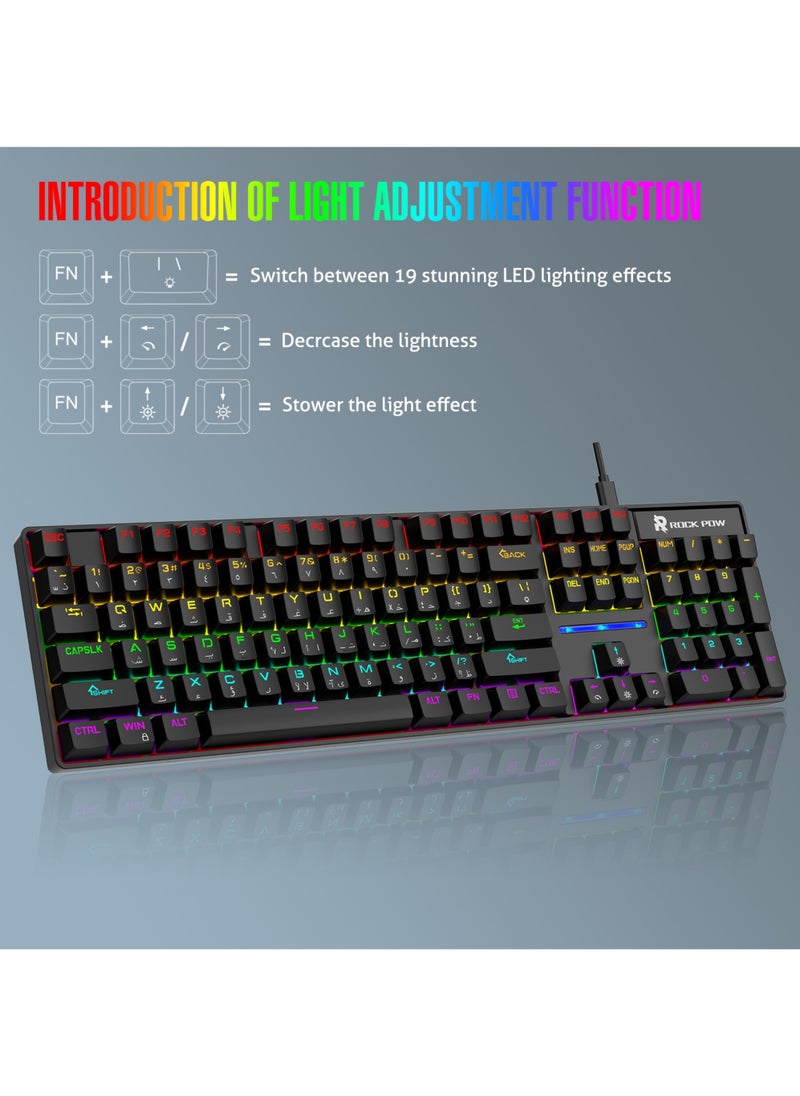 Rock Pow - Gaming Keyboard Arabic English 104 Keys Mechanical Keyboard with RGB Backlit 19 Modes Wired Keyboard PBT Keycaps for PC Gaming and Working (Blue Switch) - Image 1