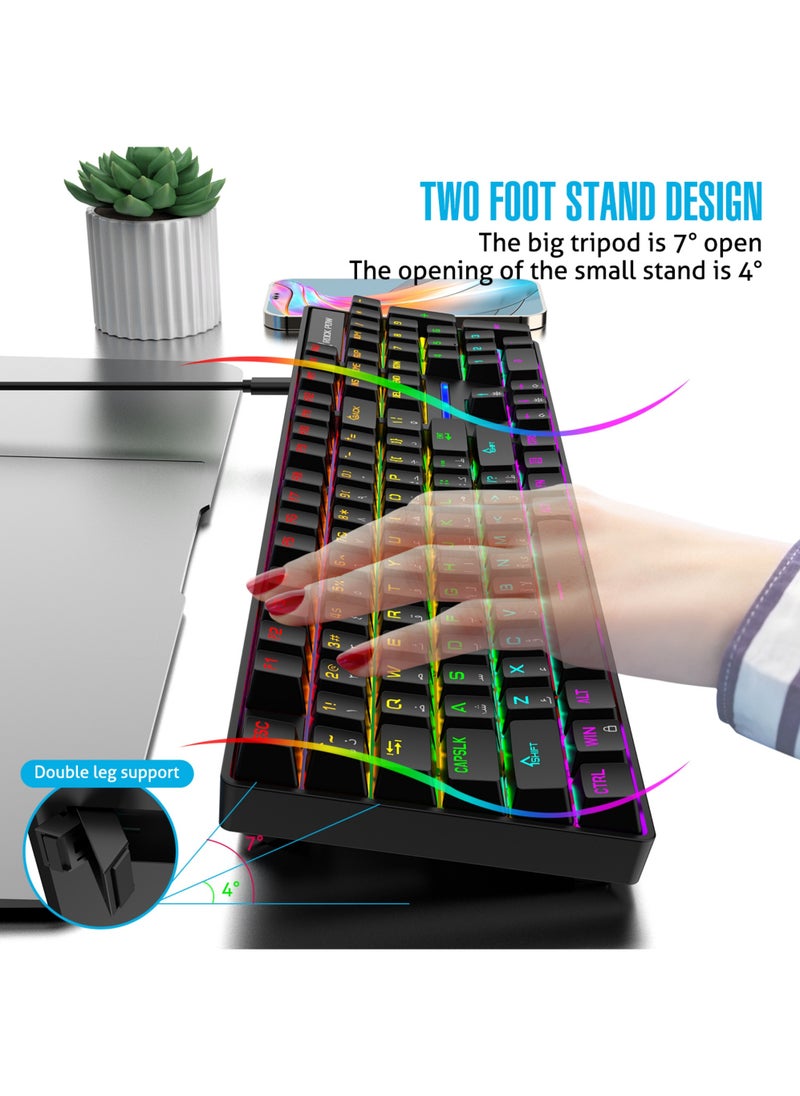 Rock Pow - Gaming Keyboard Arabic English 104 Keys Mechanical Keyboard with RGB Backlit 19 Modes Wired Keyboard PBT Keycaps for PC Gaming and Working (Blue Switch) - Image 1