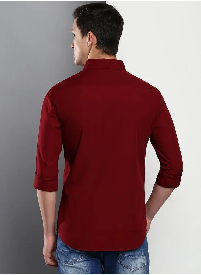 دينيس لينغو Slim Fit Maroon Men's Casual Shirt, Spread Collar, Full Sleeves, 100% Cotton,
