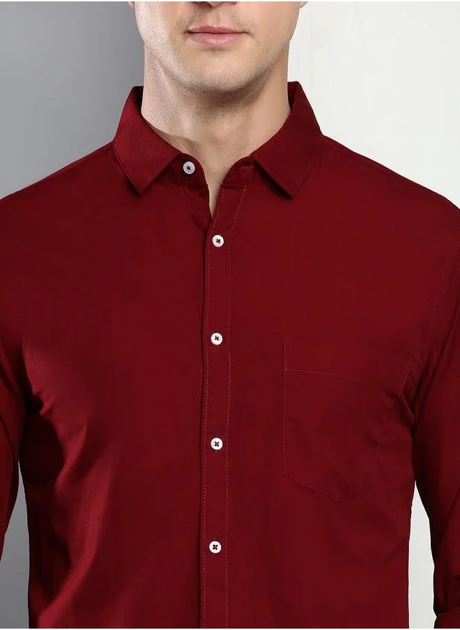 Dennis Lingo Slim Fit Maroon Men's Casual Shirt, Spread Collar, Full Sleeves, 100% Cotton,