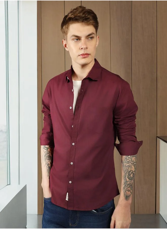 دينيس لينغو Slim Fit Maroon Men's Casual Shirt, Spread Collar, Full Sleeves, 100% Cotton,