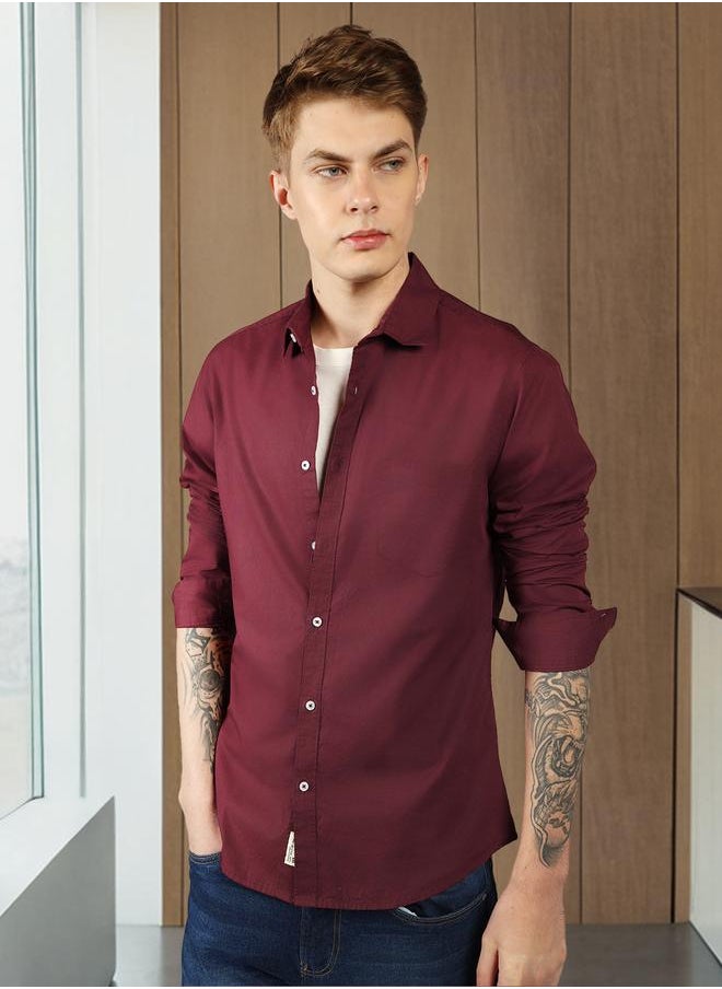 Dennis Lingo - Slim Fit Maroon Men's Casual Shirt, Spread Collar, Full Sleeves, 100% Cotton, - Image 1