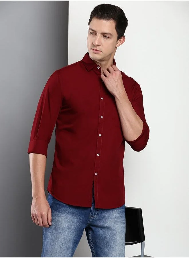Dennis Lingo Slim Fit Maroon Men's Casual Shirt, Spread Collar, Full Sleeves, 100% Cotton,