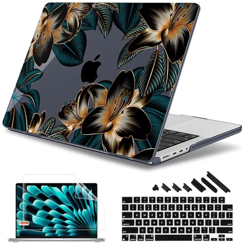 May Chen for 2026 MacBook Pro 14inch M5 M4 M3 M2 M1 ProMax Chip Release 2026 20252021 Model A3427 A3426 A3434 A3112 A3401 A3185 Plastic Hard Shell with Keyboard Cover Golden Lilies Flowers - Image 1