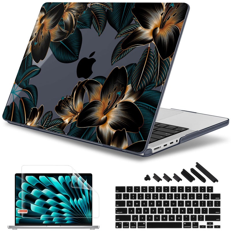 May Chen for 2026 MacBook Pro 14inch M5 M4 M3 M2 M1 ProMax Chip Release 2026 20252021 Model A3427 A3426 A3434 A3112 A3401 A3185 Plastic Hard Shell with Keyboard Cover Golden Lilies Flowers - Image 2